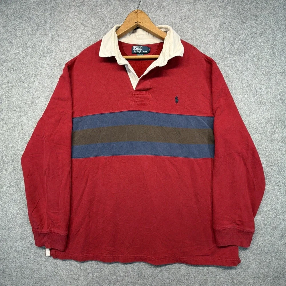 Vintage Polo Ralph Lauren Mens XL Rugby Shirt Long Sleeve Red Blue Striped